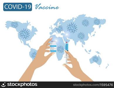 Hands holding Glass syringe fill with COVID-19 vaccine and medicine vial ready for injection with world map and virus spreading. World hope for COVID-19 coronavirus vaccine to save mankind lives.