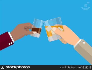 Hands holding glasses with drinks. Celebration ceremony, holydays. Vector Illustration in flat style. Hands holding glasses