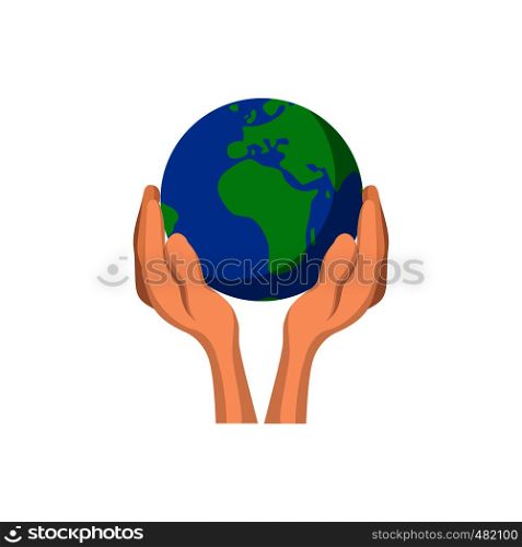 Hands holding globe cartoon icon. Save earth concept symbol on a white background. Hands holding globe cartoon icon