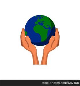 Hands holding globe cartoon icon. Save earth concept symbol on a white background. Hands holding globe cartoon icon