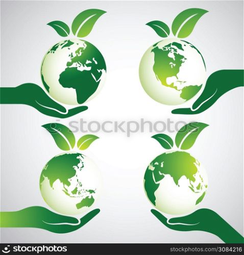 Hands Holding Green Earth Globe with leaves ,Vector Illustration