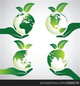 Hands Holding Green Earth Globe with leaves ,Vector Illustration