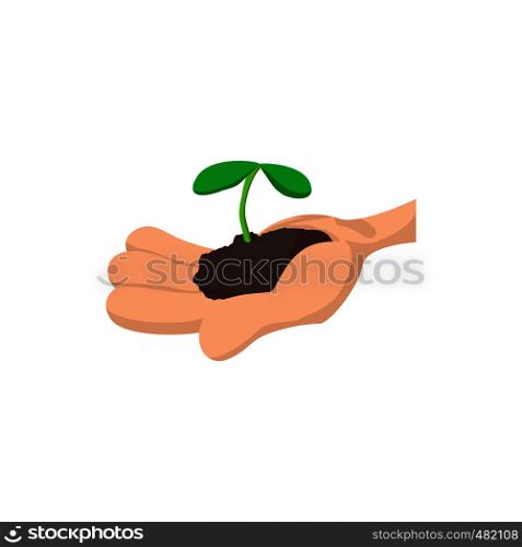Hands holding green sprout cartoon icon. Charity symbol on a white background. Hands holding green sprout icon