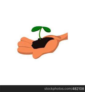 Hands holding green sprout cartoon icon. Charity symbol on a white background. Hands holding green sprout icon