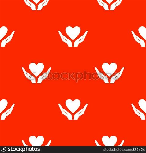 Hands holding heart pattern repeat seamless in orange color for any design. Vector geometric illustration. Hands holding heart pattern seamless