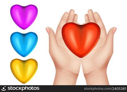 Hands holding hearts. Isolated realistic hand with red heart, vector volunteer illustration. Colored heart in human hand isolated, symbol charity or valentine concept. Hands holding hearts. Isolated realistic hand with red heart, vector volunteer illustration