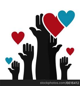 Hands holding hearts. Vector illustration