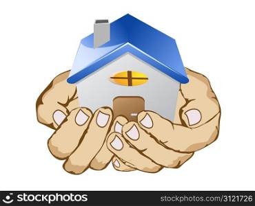 hands holding house on white background
