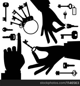 Hands holding key black icons on white background, vector illustration. Hands holding key black silhouette set