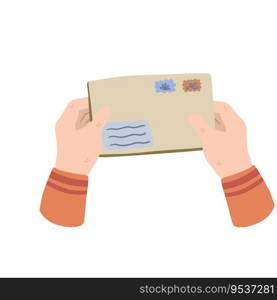 Hands holding letter. Envelope with greeting. Cute illustration of postcrossing. Handmade paper. Flat cartoon