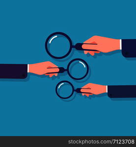 Hands holding magnifying glass. Information searching, business data research and detective. Cartoon vector concept with magnifier. Illustration of lens glass, research data info. Hands holding magnifying glass. Information searching, business data research and detective. Cartoon vector concept with magnifier