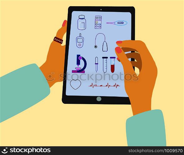 Hands holding mobile device with medical icons on screen for virtual doctor concept. Telemedicine cartoon flat. Medical information assistance via internet. Vector Illustration.. Hands holding mobile device with medical icons on screen.