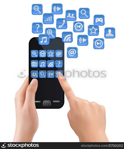 Hands holding mobile phone with icons. Vector.
