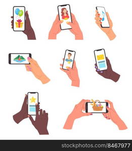 Hands holding mobile phones set. Cartoon vector illustrations of female and male hand using smartphone for chat in messenger of social media, online shopping, sharing photo. Network technology concept. Hands holding mobile phones set