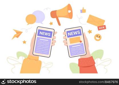 Hands holding mobile phones with news on screen. People reading newsletter or blog online on internet using cellphone app flat vector illustration. Journalism, social media, newspaper concept