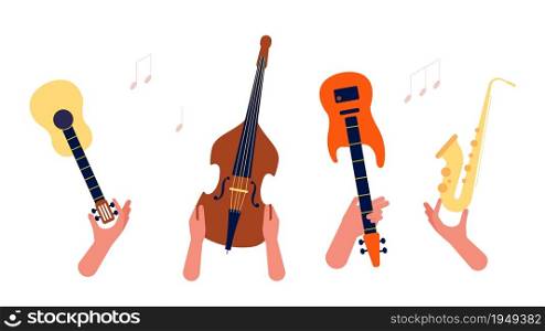 Hands holding music instruments. Guitar, strings and winds musical orchestra vector banner. Illustration musical instrument, saxophone and guitar. Hands holding music instruments. Guitar, strings and winds musical orchestra vector banner