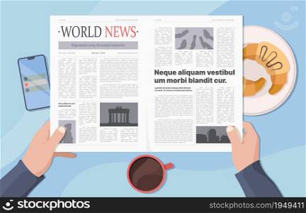 Hands holding newspaper. Businessman reading news and drinking morning coffee garish vector concept. Illustration world information communication page. Hands holding newspaper. Businessman reading news and drinking morning coffee garish vector concept