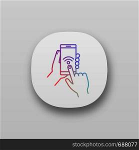 Hands holding NFC smartphone app icon. UI/UX user interface. NFC phone. Near field communication. Mobile phone contactless payment. Web or mobile application. Vector isolated illustration. Hands holding NFC smartphone app icon