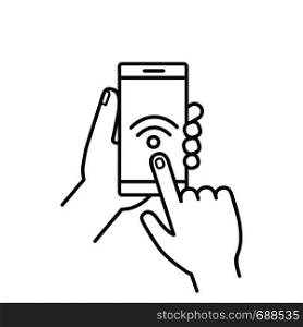 Hands holding NFC smartphone linear icon. Thin line illustration. NFC phone. Near field communication. Mobile phone contactless payment. Wifi connection. Vector isolated outline drawing. Editable stroke. Hands holding NFC smartphone linear icon