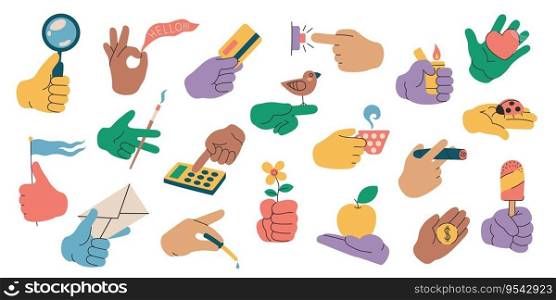 Hands holding objects. Human arm with various stuff, cartoon hand showing gesture and using daily cary tools and items. Vector set. Carrying apple, flower, paying by credit card, smoking. Hands holding objects. Human arm with various stuff, cartoon hand showing gesture and using daily cary tools and items. Vector set