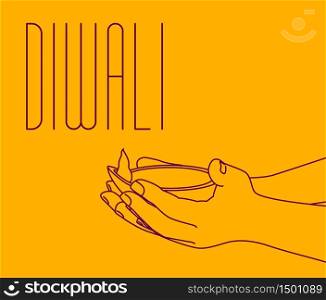 Hands holding oil lamp diya and text diwali outline style