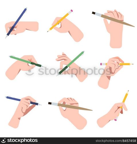 Hands holding pens, pencils and brushes vector illustrations set. Arms of persons with different writing or drawing tools isolated on white background. Education, school, office, stationery concept