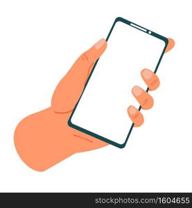 Hands holding phone. Cartoon smartphone in arms. Blank device touch screen. Isolated gadget with copy space on white background. Mobile application advertising template. Vector electronic technologies. Hands holding phone. Smartphone in arms. Blank device screen. Isolated gadget with copy space on white background. Mobile application advertising template. Vector electronic technologies