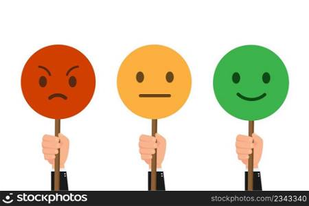 Hands holding placards with feedback in form of emotions. Customer service satisfaction survey form. Set of emoticons with different moods. Vector stock
