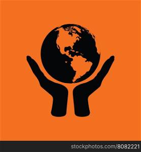 Hands holding planet icon. Orange background with black. Vector illustration.