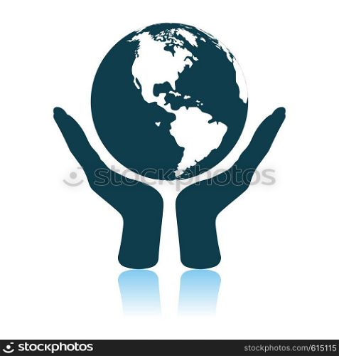 Hands Holding Planet Icon. Shadow Reflection Design. Vector Illustration.