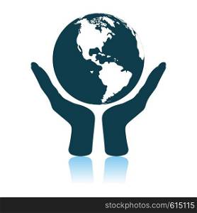 Hands Holding Planet Icon. Shadow Reflection Design. Vector Illustration.