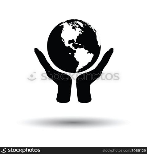 Hands holding planet icon. White background with shadow design. Vector illustration.
