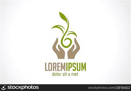 Hands holding plant abstract logo template. Green concept. Safe idea. Green sprout - can be any type of plant Vector icon. Editable.