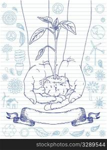 Hands holding plant with eco doodles.