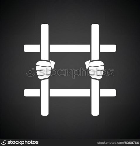 Hands holding prison bars icon. Black background with white. Vector illustration.