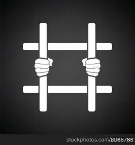 Hands holding prison bars icon. Black background with white. Vector illustration.