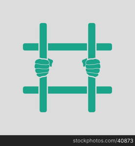 Hands holding prison bars icon. Gray background with green. Vector illustration.