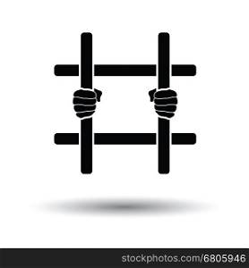 Hands holding prison bars icon. White background with shadow design. Vector illustration.