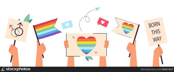 Hands holding rainbow flags and placards. Support of lesbian, gay, bi and transgender persons, people celebrating pride month flat vector illustration. LGBT, equality, solidarity concept for banner
