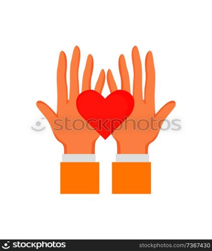 Hands holding red heart health care symbol charity and peacefulness, assistance support concept, vector illustration isolated on white background. Hands Holding Red Heart Sign Vector Illustration