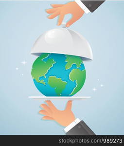 Hands holding silver cloche with earth. world food day vector illustration EPS10