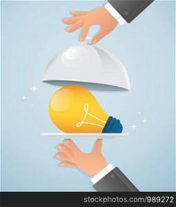 Hands holding silver cloche with light bulb. serving creative idea concept vector illustration EPS10