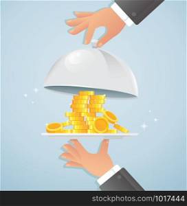 Hands holding silver cloche with money. business concept vector illustration EPS10