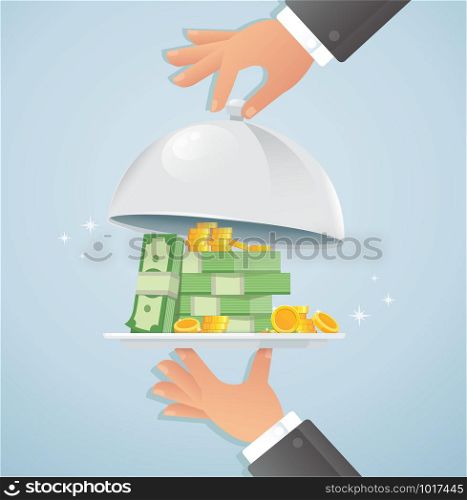 Hands holding silver cloche with money. business concept vector illustration EPS10