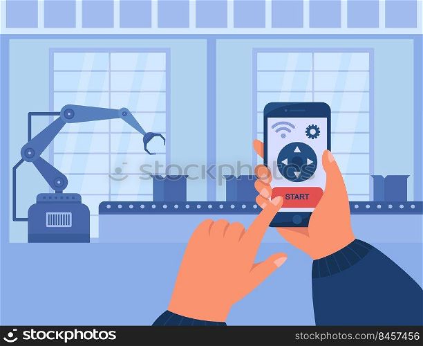 Hands holding smartphone and managing conveyor through app. Engineer controlling production process using wireless technology. Factory, industry, POV concept