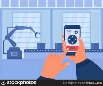 Hands holding smartphone and managing conveyor through app. Engineer controlling production process using wireless technology. Factory, industry, POV concept
