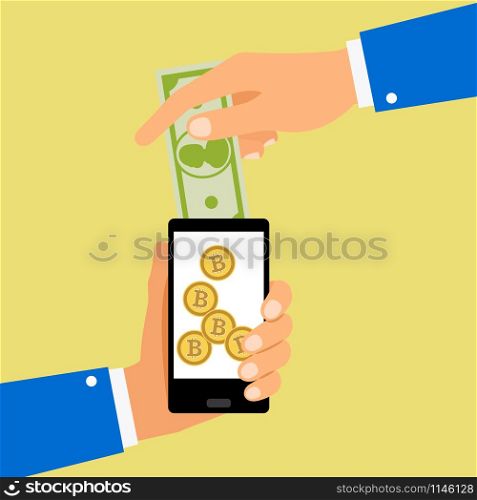 Hands holding smartphone convert dollar bill to bitcoin coins, vector illustration. Convert dollar to bitcoin coins