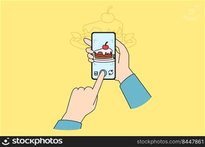 Hands holding smartphone make dessert photo on modern gadget. Concept of mobile food photography. Person shooting recipe for culinary blog. Vector illustration.. Person photograph food on cellphone