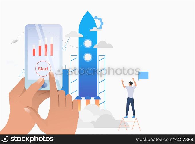 Hands holding smartphone with bar chart on screen, rocket. Start, financial growth metaphor concept. Vector illustration can be used for topics like business, technology, startup. Hands holding smartphone with bar chart on screen, rocket