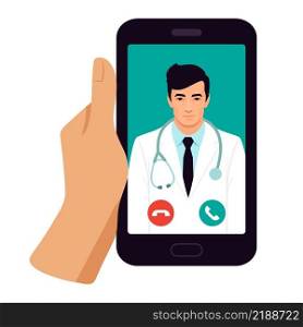 Hands Holding Smartphone with Video Call on Screen. Patient having Online Conversation with Doctor. Modern Health Care Services and Online Telemedicine Concept. Flat Cartoon Vector Illustration.